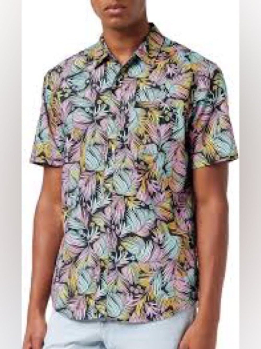 Hurley Men’s XXL Neon Pastel Tropical Palm Floral Button Up Shirt - Size 2XL